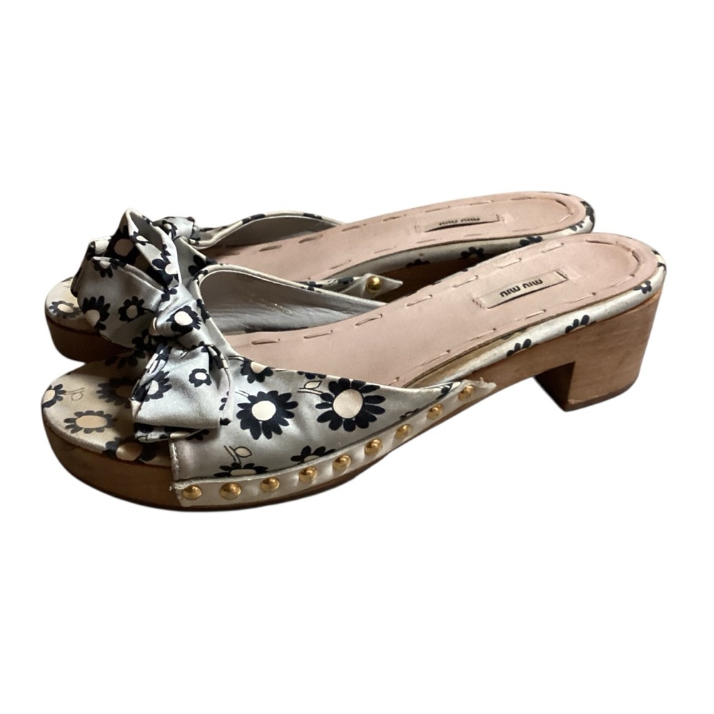 Y2K Miu Miu Bow Grey Floral Studded Wood Platform Sandals Shoes 36 - Picture 2 of 5